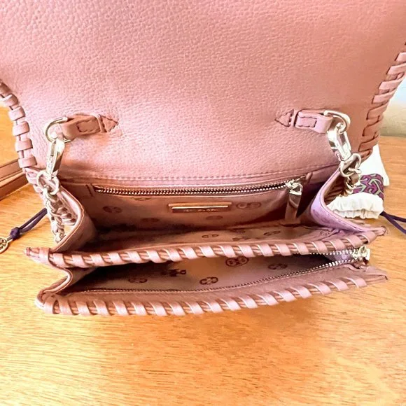 Tory Burch Crossbody Bag Marion Combo Maple Sugar Mauve Pink Leather Whipstitch - Picture 10 of 11
